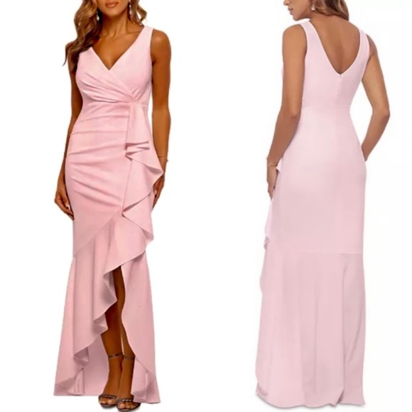 Betsy & Adam Flounce Cascade Ruffled dress Gown in Blush Rose Size 10 - Picture 3 of 9